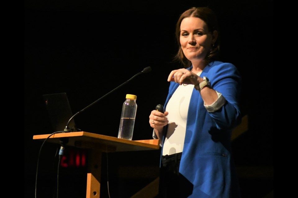 Dr. Robyne Hanley-Dafoe speaks to Prairie South School Division employees during their opening day conference in Caronport. Photo by Jason G. Antonio 