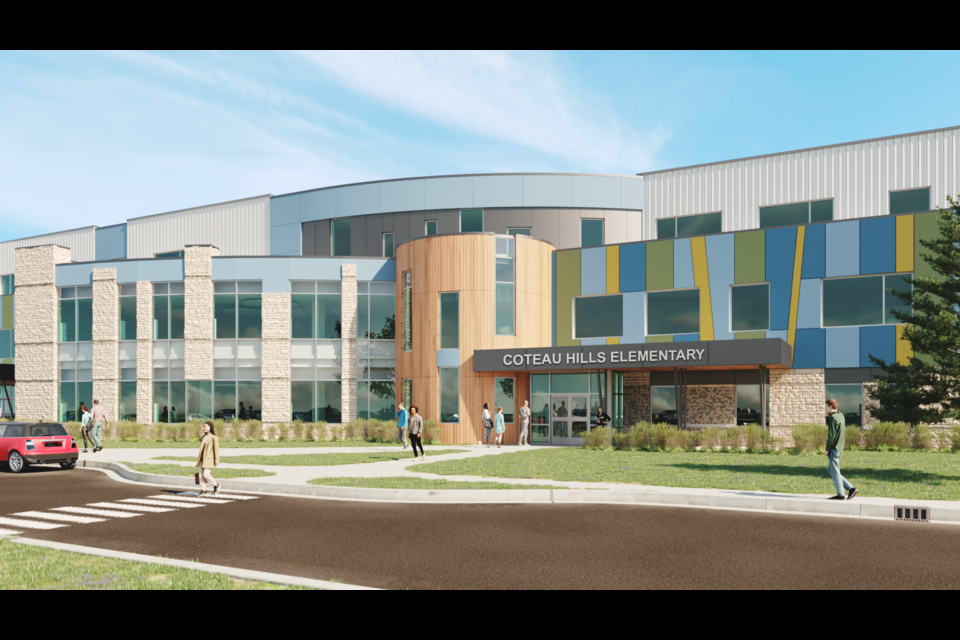 An artist's rendition shows the public side of the joint-use school, with the new name of Coteau Hills Elementary School. Photo courtesy PSSD