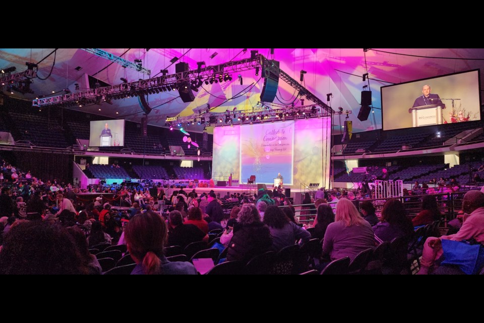 The arena at the Anaheim Convention Centre in Anaheim, California and the main stage for the keynote presenters and all the Masses. The theme was "Called to Compassion." Photo courtesy Lisa Busta