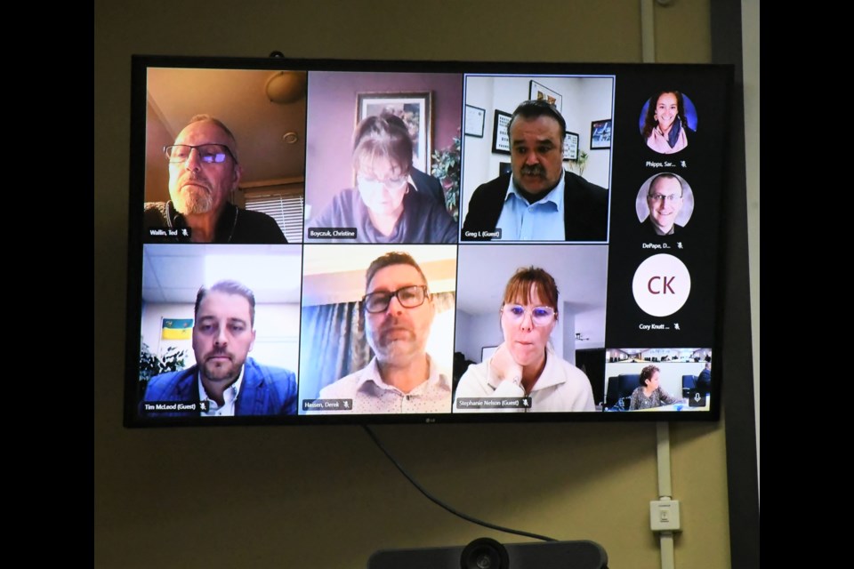 Catholic trustees met virtually with Moose Jaw's MLAs during their recent board of education meeting. Moose Jaw-North MLA Tim McLeod is bottom left corner and Moose Jaw-Wakamow MLA Greg Lawrence is top right corner. Photo by Jason G. Antonio 