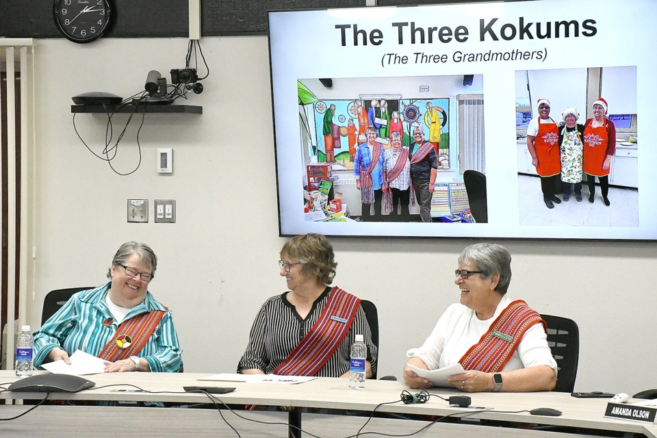 The Three Kokums speak to Prairie South trustees during a recent board meeting. From left are Val Trudel, Wonda Alton and Marquita Neufeld. Photo by Jason G. Antonio