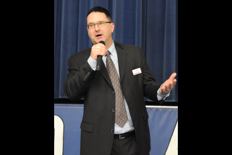 Prairie South School Division director of education Tony Baldwin speaks during the question and answer meeting.