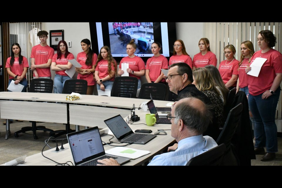 Grade 12 students from across Prairie South School Division speak to trustees as part of the Voices to Encourage Change group. Photo by Jason G. Antonio