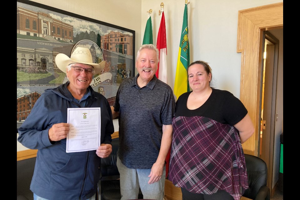 President Robert Andrews, Mayor Clive Tolley and Administrator Tanya Legare after the signing of the proclamation for Seniors Week. Photo submitted
