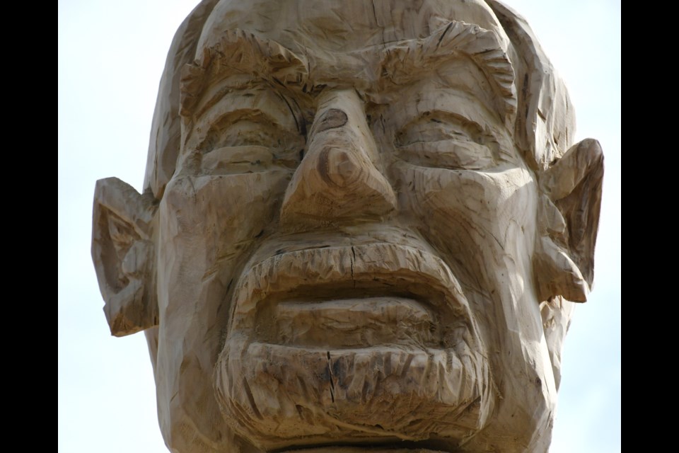 A close look at Darren Jones' nearly completed wood sculpture of Canadian hockey icon Don Cherry taken May 16.