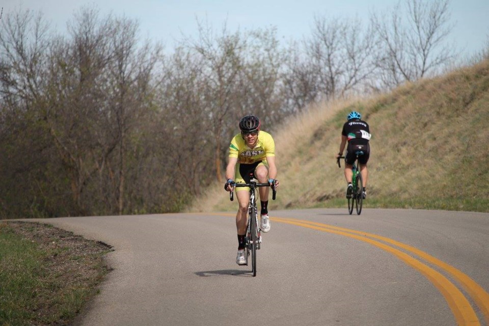 Riders take part in the time trial at Buffalo Pound during a recent Spring Classic road race series. Moose Jaw Pavers Facebook photo.