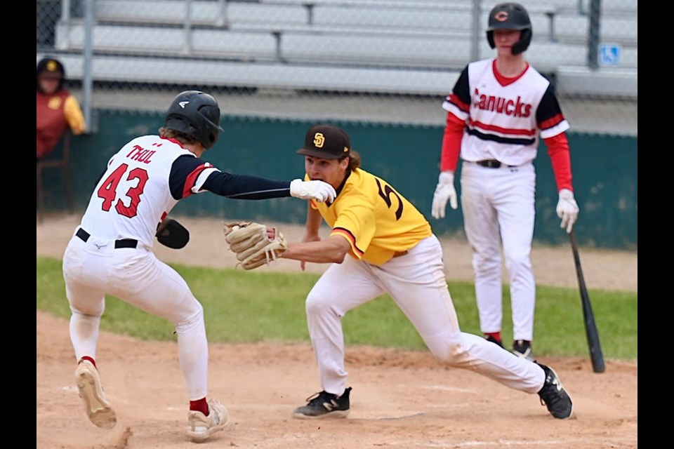 In the sixth inning of game two, Noah Thul is called out after he attempted to get to home on a pass ball by the Sun Devils. Successfully taking home would have made the score 8 - 7 instead of 7 - 7 after the inning.