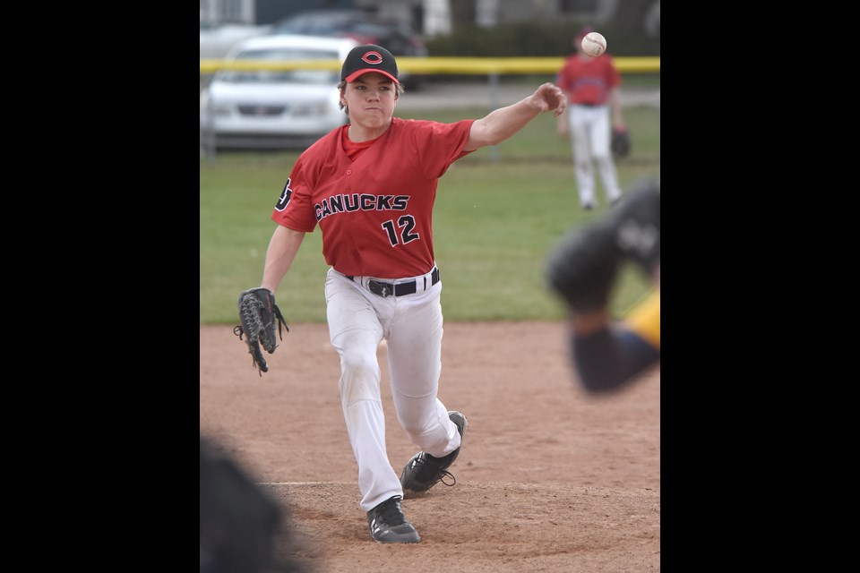 Carson Reed delivers a pitch for the Canucks during fifth inning action of game two.