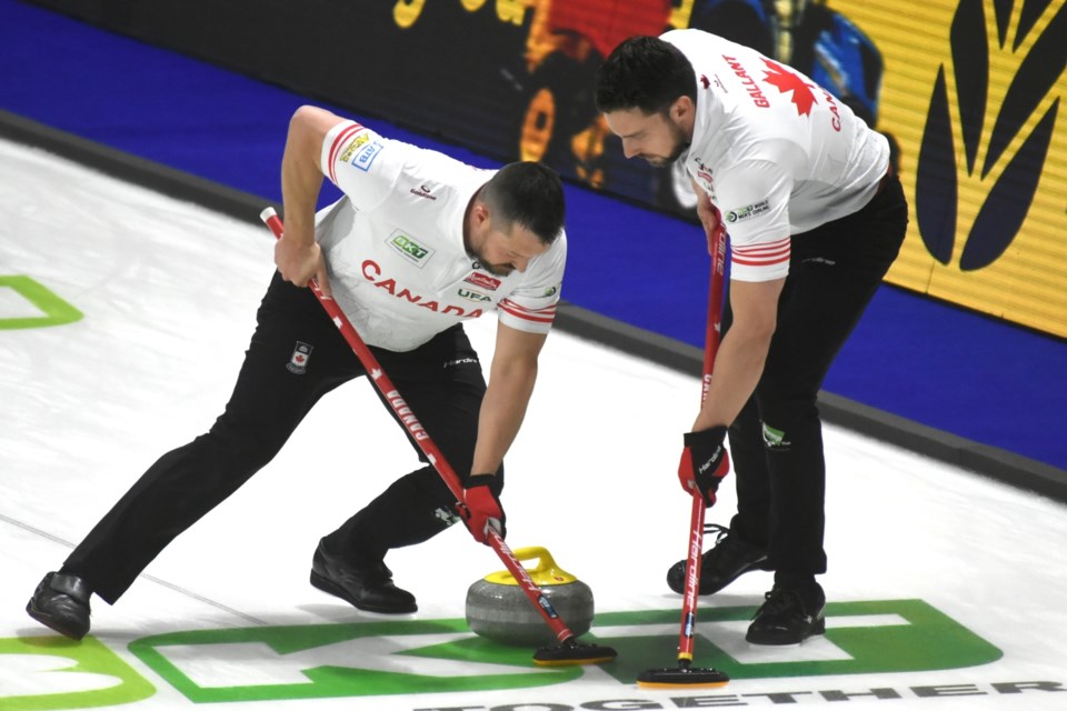 Action from the BKT World Men’s Curling Championship game between Canada and Germany on Saturday night.  | Randy Palmer