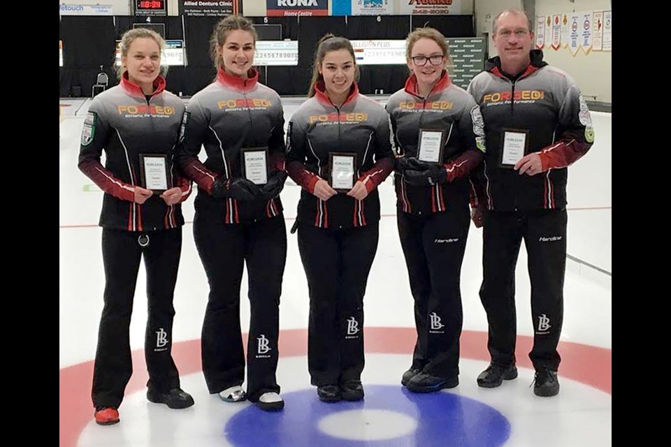 Skylar Ackerman, Madison Johnson, Chantel Hoag, Samantha McLaren and coach Patrick Ackerman with their provincial runner-up plaques.