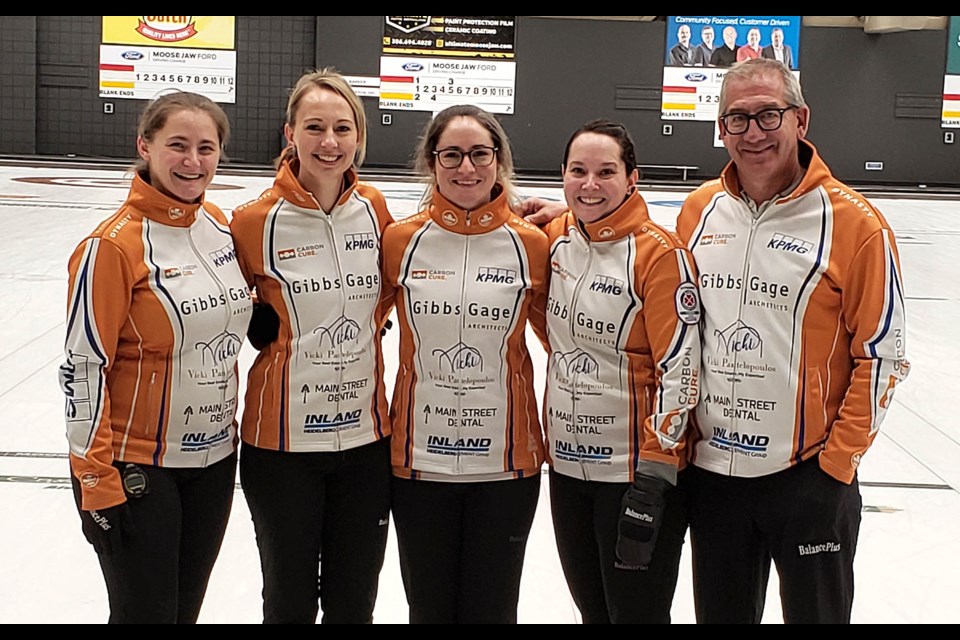 Penny Barker, third Christie Gamble, second Jenna Enge, lead Danielle Sicinski and coach Mark Lang are the 2022 Moose Jaw SWCT champions.