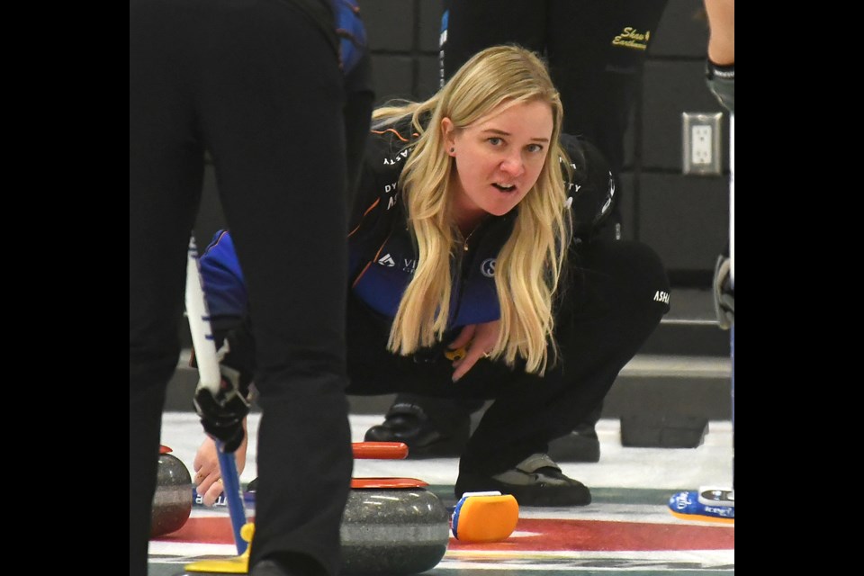 Two-time Scotties Tournament of Hearts champion Chelsea Carey keeps a close eye on a shot.