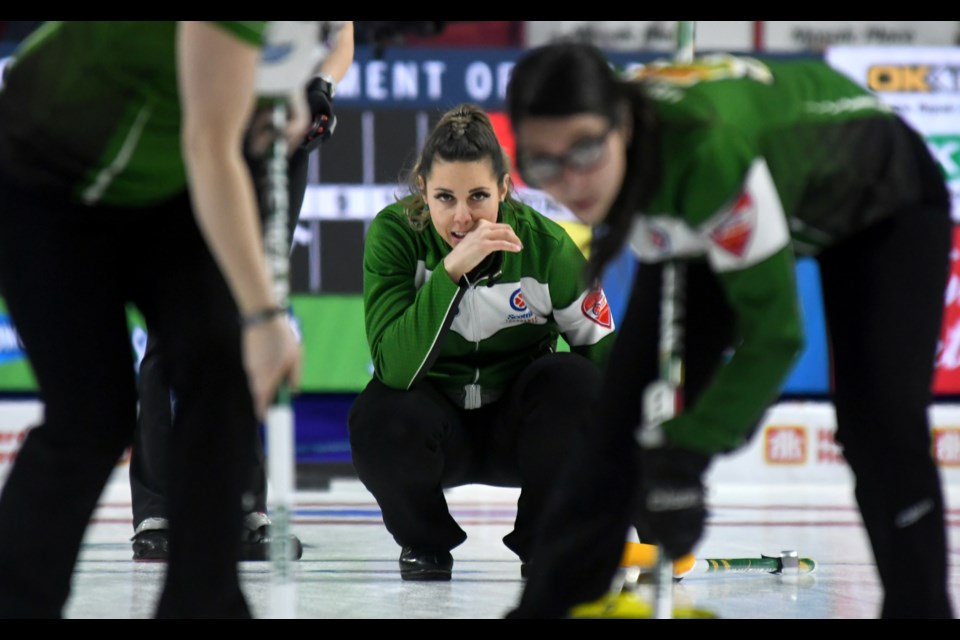 Saskatchewan's Robyn Silvernagle watches the line.