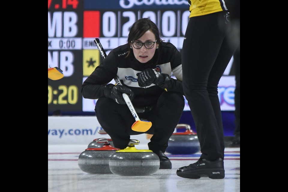 New Brunswick's Andrea Crawford watches the line on a shot.