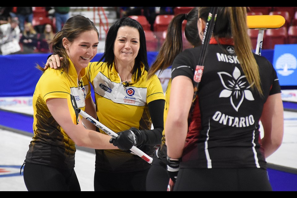 Brianne Meilleur and Keri Einarson show the emotion of winning the Scotties. (via MooseJawToday)