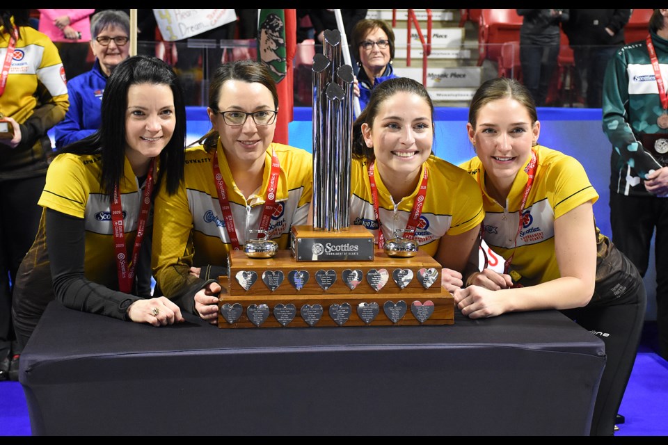 [From left to right] Team Manitoba’s Kerri Einarson, third Val Sweeting, second Shannon Birchard and lead Brianne Meilleur with the 2020 Scotties Tournament of Hearts trophy. (via MooseJawToday)