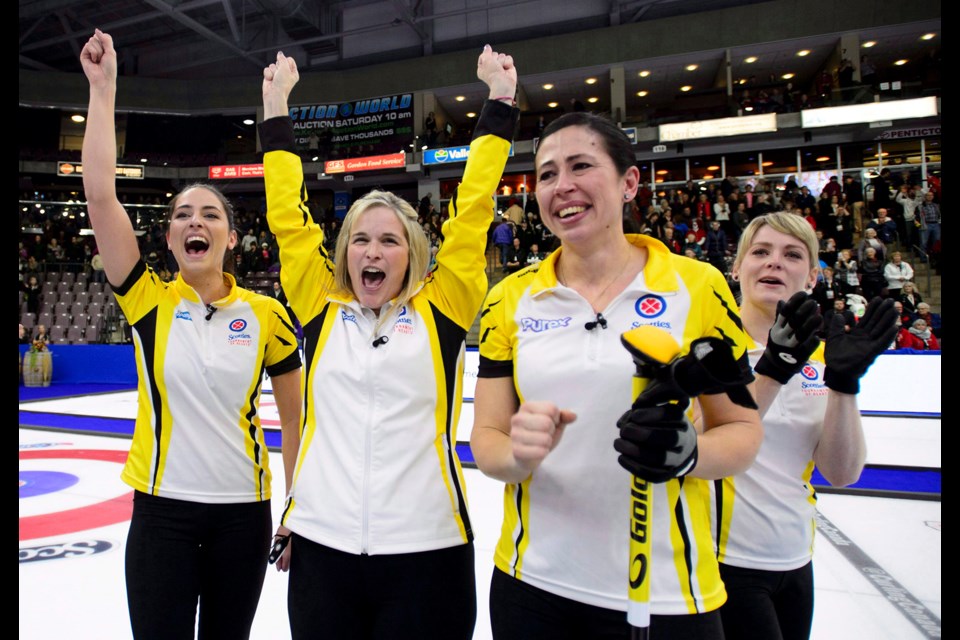 Manitoba's Jennifer Jones rink celebrates after winning the 2018 Scotties Tournament of Hearts. Canadian Press photo.