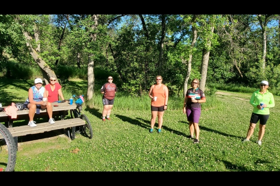 All of the regular members of the Prarie Pedals came out for the morning ride and maintenance demo, staying carefully distanced to keep the event safe and relaxed. (supplied)