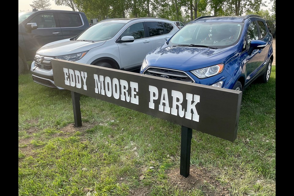 The new sign at the former Caribou Heights Diamonds honours longtime Moose Jaw fastball supporter Eddy Moore.