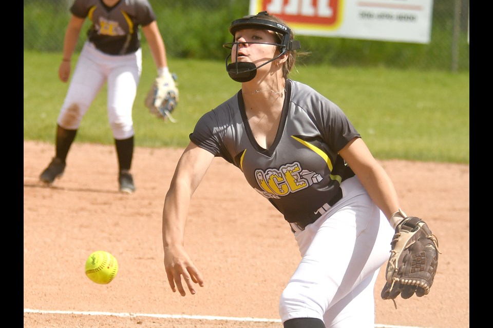 Action from the Moose Jaw Minor Girls Fastball ‘A’ tournament U13 game between the Moose Jaw Ice and Muenster A’s. Moose Jaw went on to a 13-0 victory.