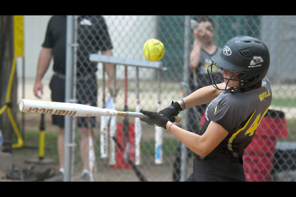 Moose Jaw Ice hitter Tara Bell got just enough of this pitch to foul it down the third base line.