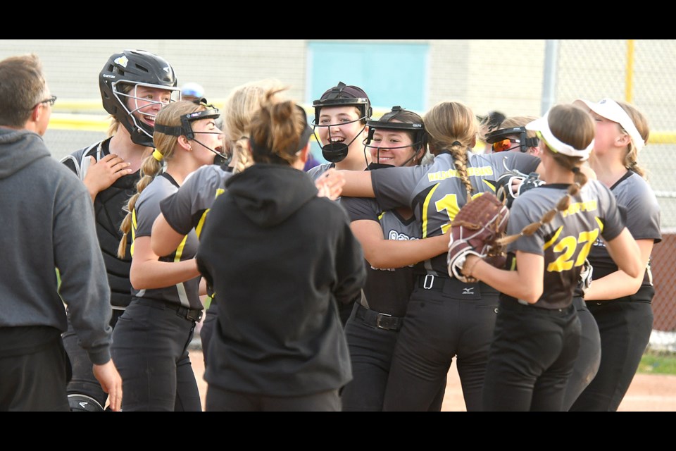 The Moose Jaw U13 A Ice celebrate after winning the Moose Jaw Minor Girls ‘A’ Fastball tournament on Sunday evening.