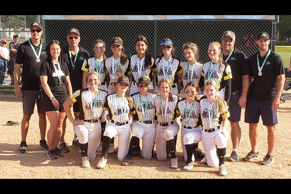 The Moose Jaw Ice with their Softball Sask U15 AA provincial championship silver medals.