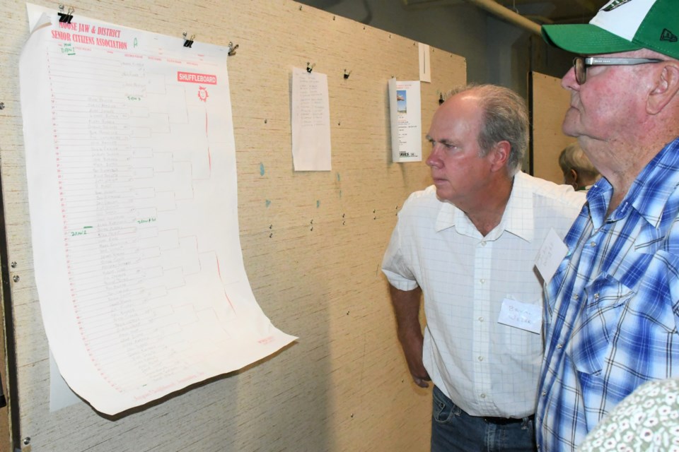 Bryan Weber (background) and John Wright check out the tournament bracket before the start of the event. Photo by Jason G. Antonio 