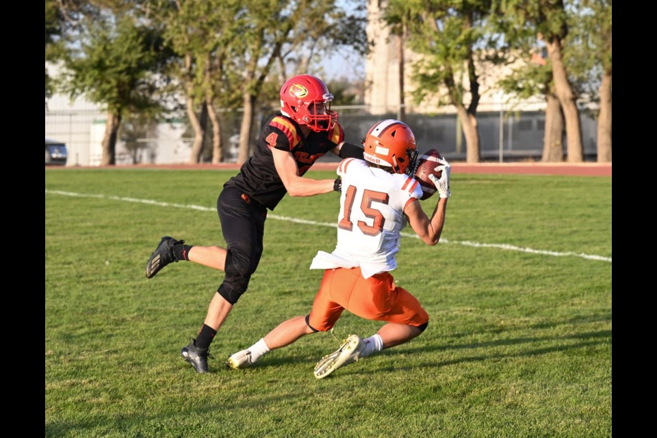 Jaxson Bowerin (left) pictured here in last weekend’s matchup against Yorkton scored a touchdown against Estevan this weekend - MJ Independent file photo