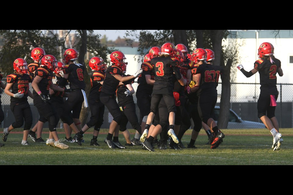 The Central Cyclones celebrate after their win over the Yorkton Raiders on Saturday afternoon.