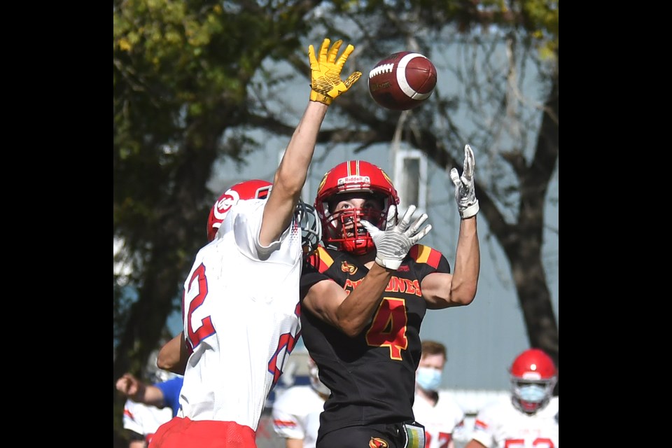 Swift Current defensive back Wyatt Ratzlaff managed to keep Cyclones receiver Kaedyn Banilevic from making this open-field catch. | Randy Palmer