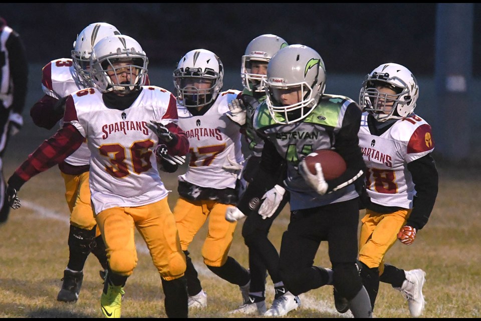 Action from the Kinsmen Moose Jaw Minor Football U-12 championship game on Saturday night.