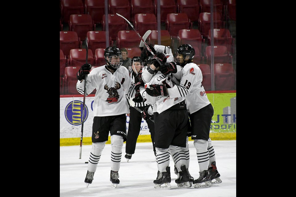 The Warriors celebrate a goal with captain Atley Calvert during their first-round series.