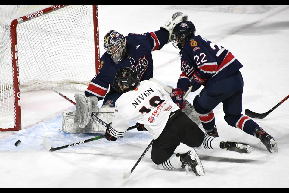 Riley Niven came close to getting a stick on this first period rebound.