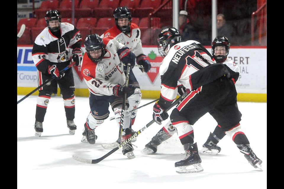 Moose Jaw's Evan Sare gets a shot off against the Beardy's Blackhawks during a recent game.