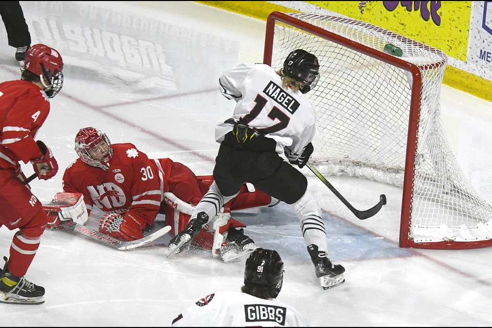 WINMAR Warriors forward Gage Nagel tucks the puck into the Notre Dame net for Moose Jaw’s first goal.