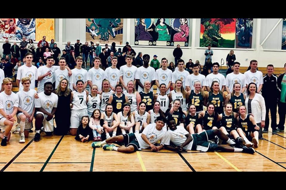 Four players from the Moose Jaw high school basketball league saw action in the recent Basketball Sask. Senior All-Star Classic this past weekend – Kyle Boughen and Riley Seaborn (middle row far left) from the Central Cyclones, Piper Ingalls (middle row, number six) of the Peacock Toilers and Brooklyn Martens (middle row, number seven) of Briercrest Christian Academy. (Basketball Sask photo)