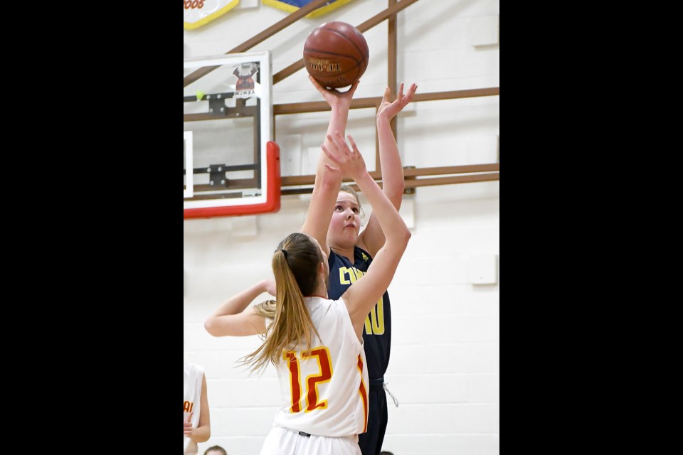 Briercrest Christian Academy’s Emma Carter puts up a shot during the Moose Jaw girls league semifinal against Central.