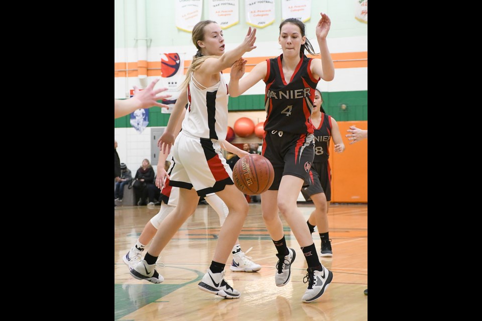 Vanier’s Piper Olson in action against Weyburn during the Invitational earlier this season. Vanier won their quarter-final game over Assiniboia and will play Peacock in the semifinal Tuesday.