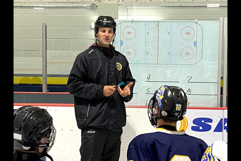 Dustin Friesen runs players through a practice drill during one of his first on-ice sessions as the new Under-17 Prep head coach.