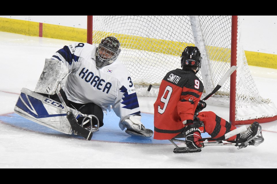 Action from the World Para Hockey Championship pre-tournament game between Canada and Korea on Tuesday at the Moose Jaw Events Centre.