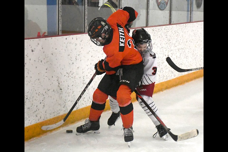 It’s not the size of the dog in the fight, it’s the size of the fight in the dog, as demonstrated by Warriors defender Tyson Ross knocking Yorkton’s Grady Keith off the puck during late third period action.