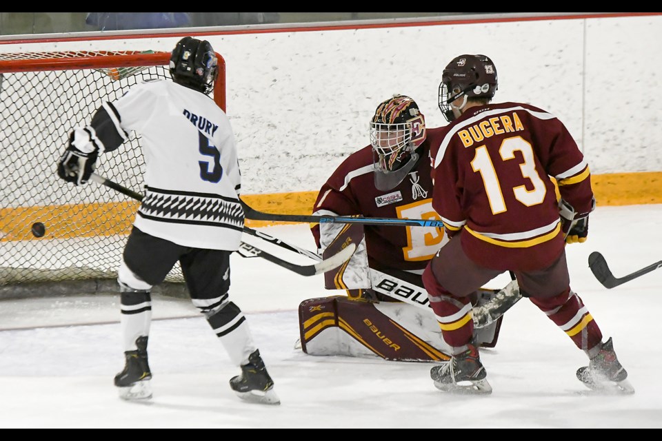 Caden Drury looks on as Jed Magarrell’s shot finds the back of the Edge net.