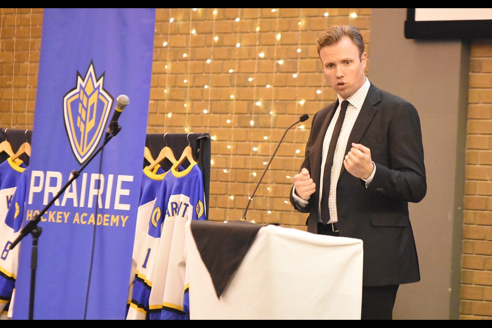Prairie Hockey Academy president Justin Simpkins delivers remarks during the PHA awards banquet on Saturday in Caronport.