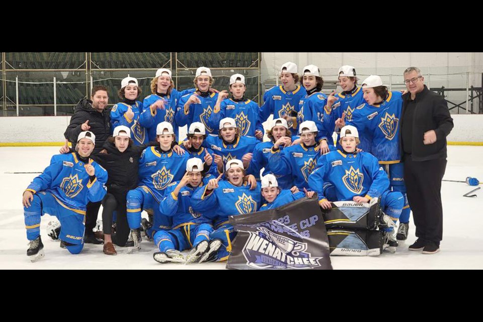 The Prairie Hockey Academy gathers for a team photo after winning the Wenatchee Wild Exposure Cup during the Nov. 24 weekend.