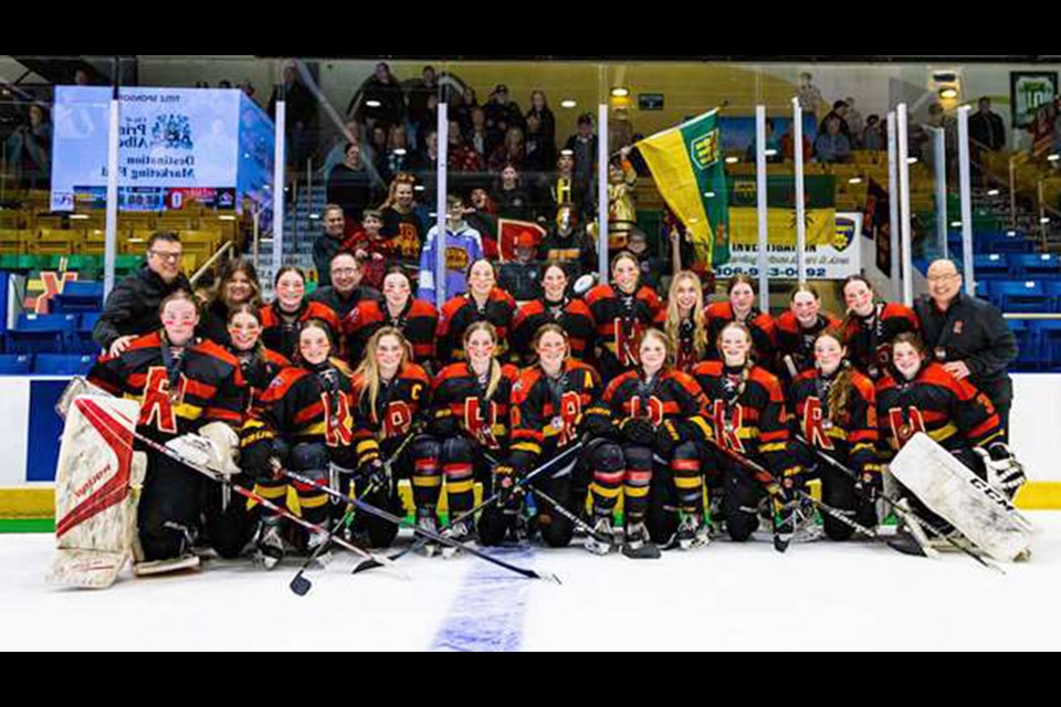 The Regina Rebels -- including Moose Jaw’s Brooklyn Nimegeers (below Sask flag) -- won the bronze medal at the Esso Cup female AAA hockey national championship.