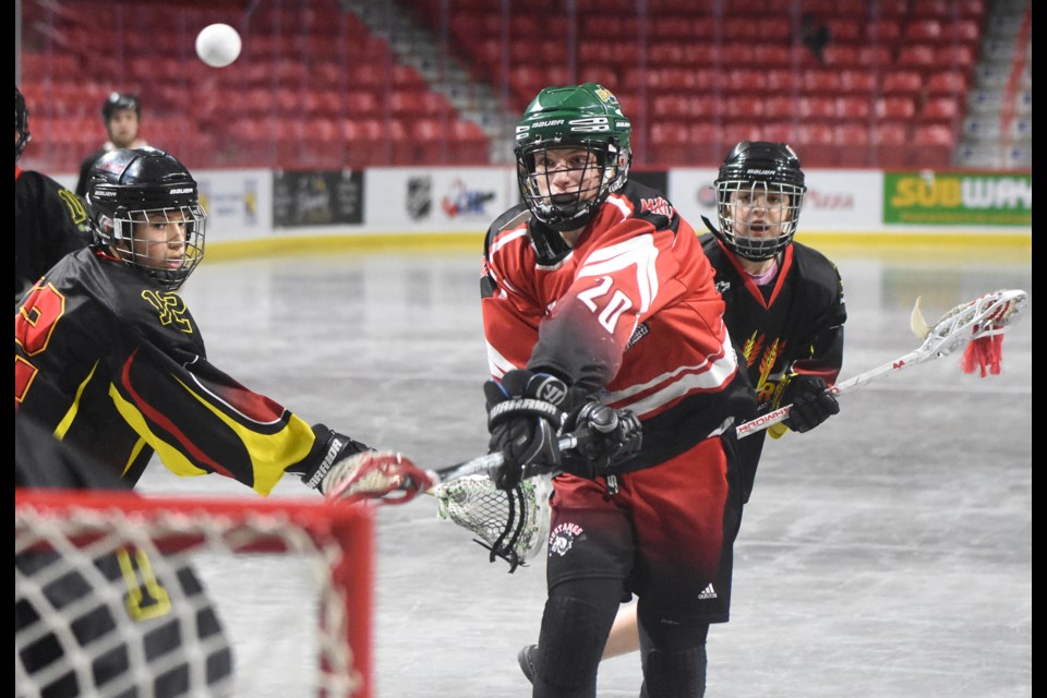 It might have been 1-0 for Weyburn when the Mustangs’ Rowan Calvert got this shot off, but it was a tie game a split second later.