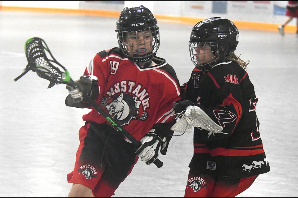 Action from the South Sask Lacrosse League 11-and-under contest between the Mustangs 1 and Mustangs 2 on Sunday afternoon.