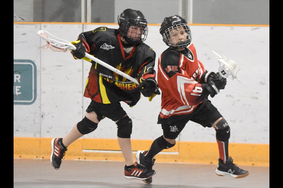 Brodyn Pladson from the Pee Wee Mustangs, here in action earlier this season, scored eight goals in his team’s 14-0 win over the Regina Storm.