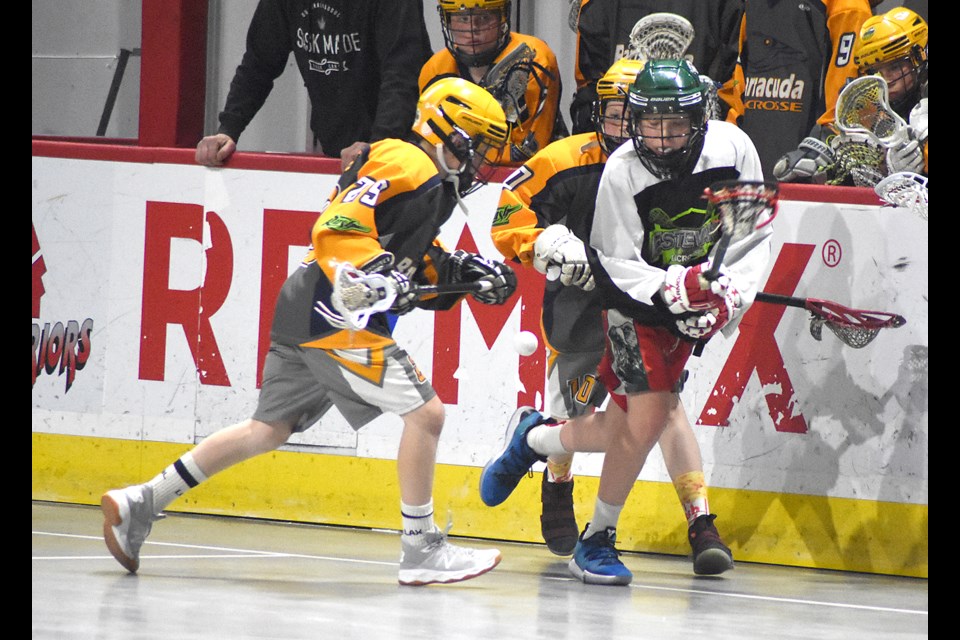 Action from the first-ever Bantam ‘A’ lacrosse game in Moose Jaw between the South Sask. Elites (black and white jerseys) and Regina Barracuda on Thursday at Mosaic Place.